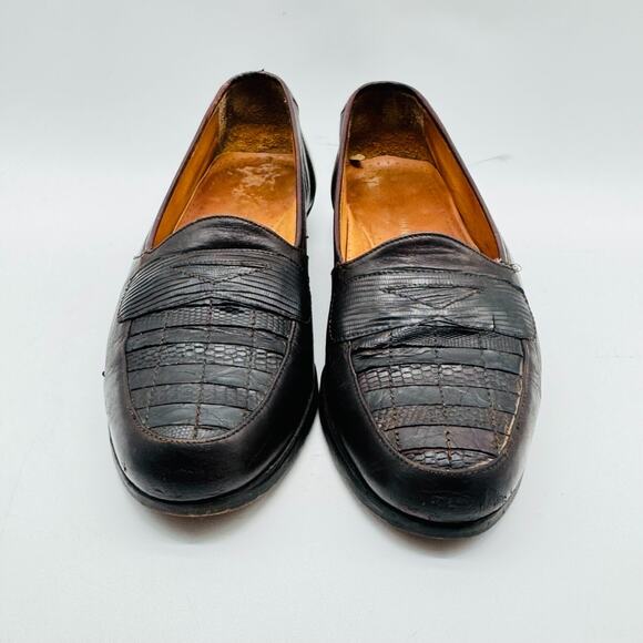 Magnanni Shoes Mens 8 Brown Leather Lizard Front Loafers Vintage Slip On Dress - Picture 3 of 12